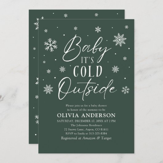 緑のスノーフレークベビーベビーシャワー外は寒い 招待状 (正面/裏面)