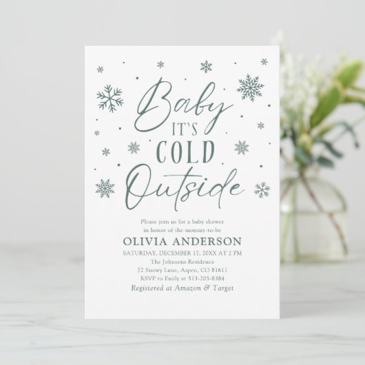 緑のスノーフレークベビーベビーシャワー外は寒い 招待状 (スタンド正面)