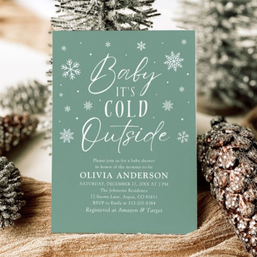緑のスノーフレークベビーベビーシャワー外は寒い 招待状