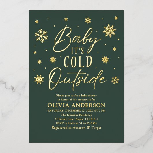 緑のスノーフレークベビーベビーシャワー外は寒い 箔招待状 (正面)
