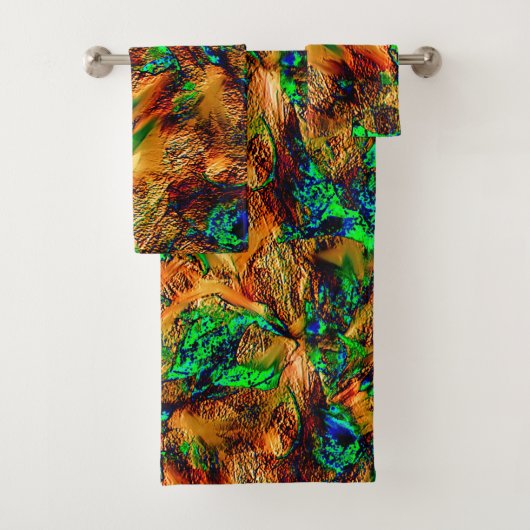 緑のスポットtと燃えた黄色の非常に素朴な岩 バスタオルセット (インサイチュ)