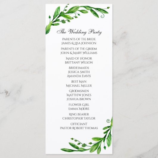 緑のセレモニープログラム。庭園の結婚式。緑 プログラム (裏面)