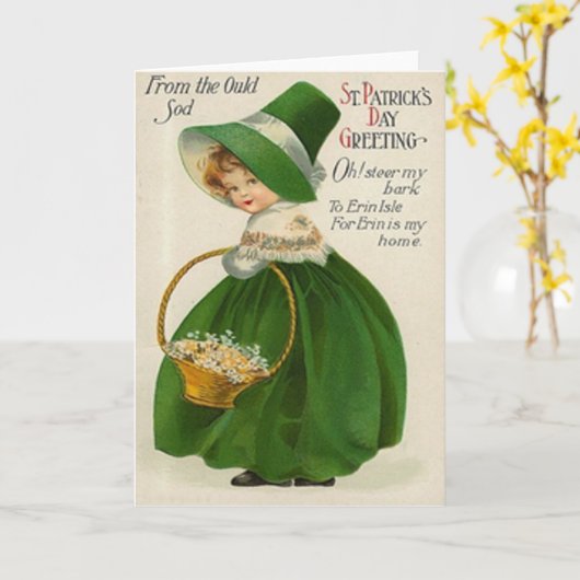 緑のセントパトリックの日のヴィンテージのかわいい小さな女の子 カード (黄色い花)