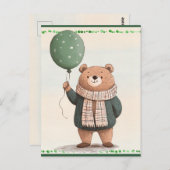 緑のセーターベアと秋の格子模様のスカーフ ポストカード (正面/裏面)