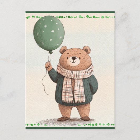 緑のセーターベアと秋の格子模様のスカーフ ポストカード (正面)
