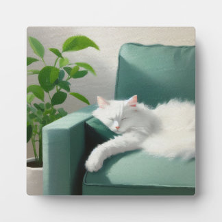 緑のソファで寝ている猫の絵 フォトプラーク