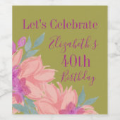 緑のソフトピンク花模様 ワインラベル (シングルラベル)