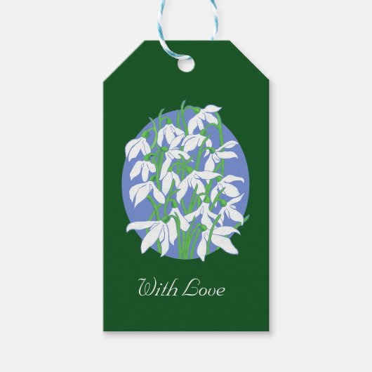 緑のソフトブルーの楕円形の背景に雪が降る ギフトタグ (正面)