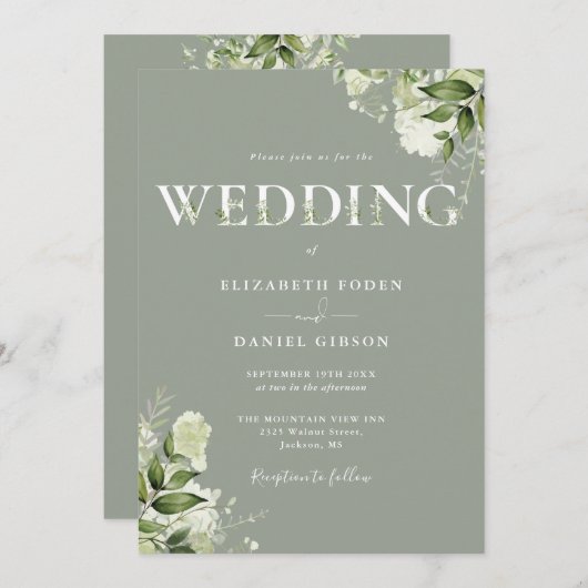 緑のタイポグラフィセージ緑すべて結婚の 招待状 (正面/裏面)