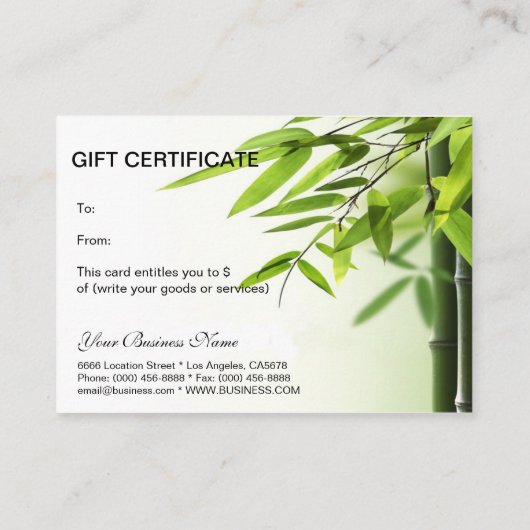 緑のタケのスパのスキンケアのサロンのギフト券 割引カード (裏面)