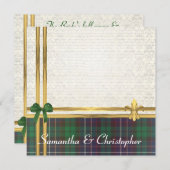 緑のタータンチェックと金ゴールドのリボン(白いダマスク付き) 招待状 (正面/裏面)