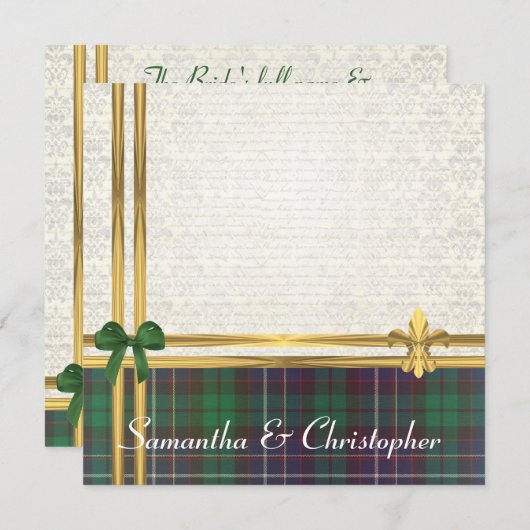 緑のタータンチェックと金ゴールドのリボン（白いダマスク付き） 招待状 (正面/裏面)