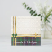 緑のタータンチェックと金ゴールドのリボン(白いダマスク付き) 招待状 (スタンド正面)