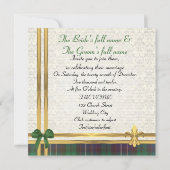 緑のタータンチェックと金ゴールドのリボン(白いダマスク付き) 招待状 (裏面)