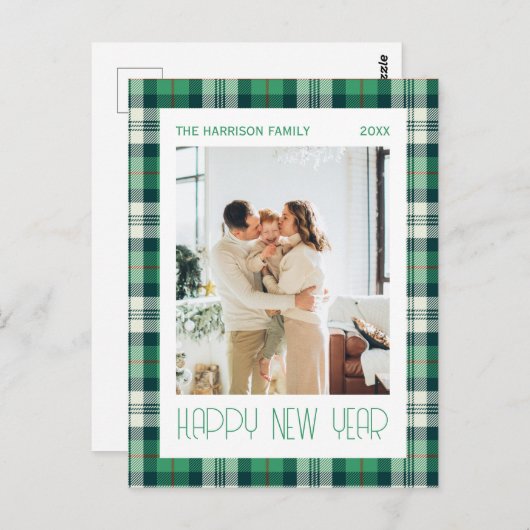 緑のタータンチェックのプレイド新年の写真 ポストカード (正面/裏面)