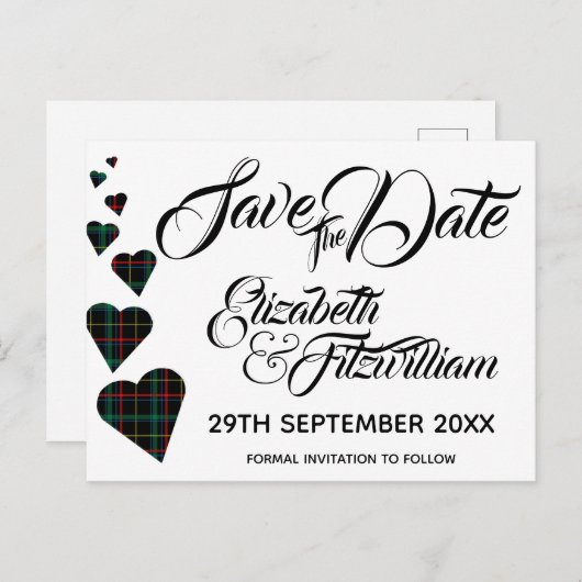 緑のタータンチェックハート日付はがきの保存 ポストカード (正面/裏面)