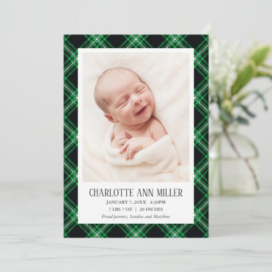 緑のタータンチェックベビー誕生発表写真カード 案内状 (スタンド正面)