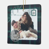 緑のタータンチェック格子状配送小包2フォトファミリー セラミックオーナメント (左)