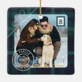 緑のタータンチェック格子状配送小包2フォトファミリー セラミックオーナメント (裏面)