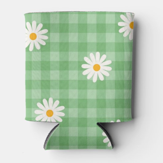 緑のダイシープレイドギンガムチェック花模様 缶クーラー (正面)