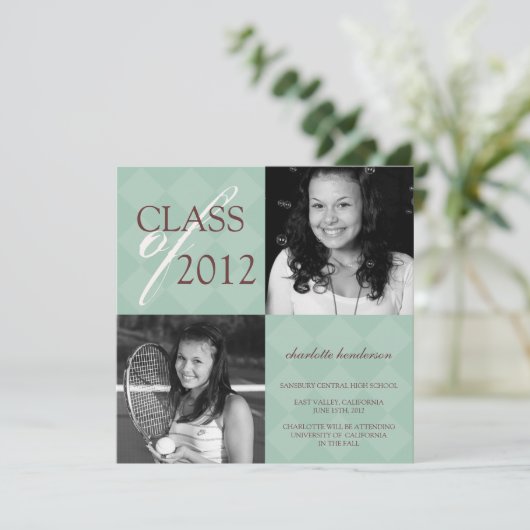 緑のダイヤモンドの正方形の写真の卒業の発表 案内状 (スタンド正面)