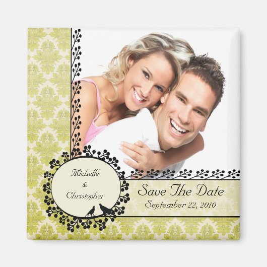 緑のダマスク愛の鳥の写真日付磁石を保存 マグネット (正面)