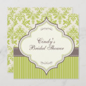 緑のダマスク織及びストライプなブライダルシャワーの招待状 招待状 (正面/裏面)