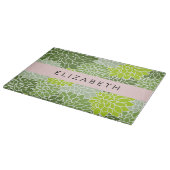 緑のダリアの花、花のパターン、あなたの名前 カッティングボード (角)