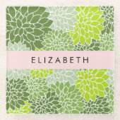 緑のダリアの花、花のパターン、あなたの名前 ガラスコースター (正面)