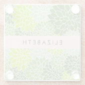 緑のダリアの花、花のパターン、あなたの名前 ガラスコースター (裏面)