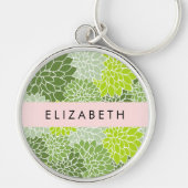 緑のダリアの花、花のパターン、あなたの名前 キーホルダー (正面)