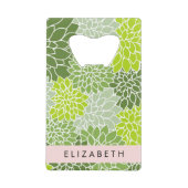 緑のダリアの花、花のパターン、あなたの名前 クレジットカード栓抜き (正面)