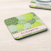 緑のダリアの花、花のパターン、あなたの名前 コースター (左側)