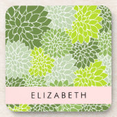 緑のダリアの花、花のパターン、あなたの名前 コースター (正面)