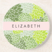 緑のダリアの花、花のパターン、あなたの名前 コースター (正面)