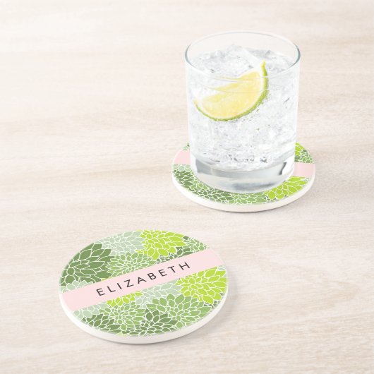 緑のダリアの花、花のパターン、あなたの名前 コースター (側面)