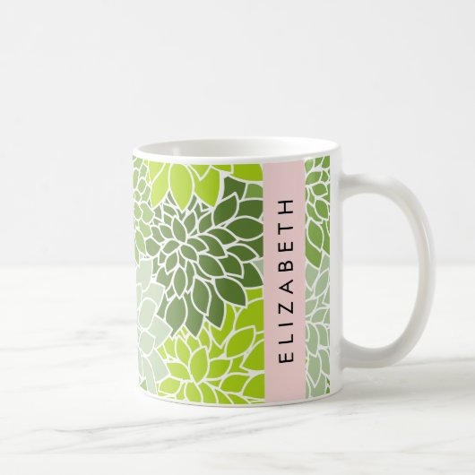 緑のダリアの花、花のパターン、あなたの名前 コーヒーマグカップ (右)