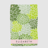 緑のダリアの花、花のパターン、あなたの名前 ゴルフタオル (正面)