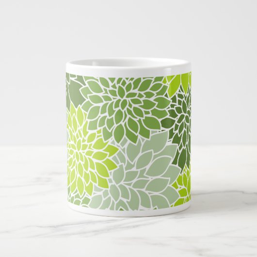 緑のダリアの花、花のパターン、あなたの名前 ジャンボコーヒーマグカップ (正面)
