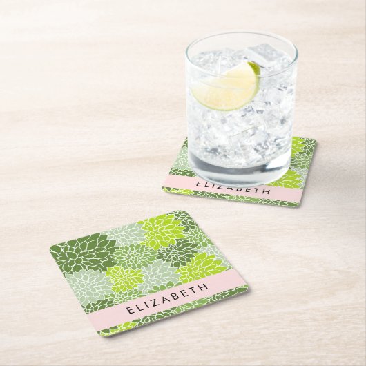 緑のダリアの花、花のパターン、あなたの名前 スクエアペーパーコースター (インサイチュ)