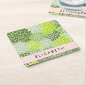 緑のダリアの花、花のパターン、あなたの名前 スクエアペーパーコースター (アングル)
