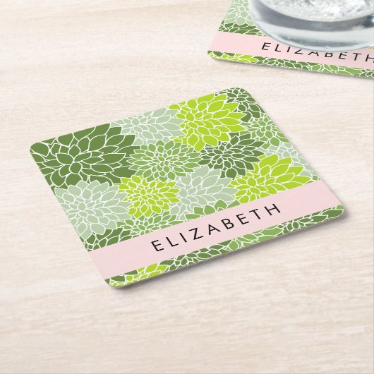 緑のダリアの花、花のパターン、あなたの名前 スクエアペーパーコースター (アングル)