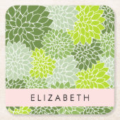 緑のダリアの花、花のパターン、あなたの名前 スクエアペーパーコースター (正面)