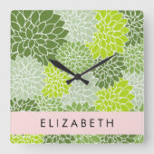 緑のダリアの花、花のパターン、あなたの名前 スクエア壁時計 (正面)
