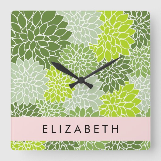 緑のダリアの花、花のパターン、あなたの名前 スクエア壁時計 (正面)