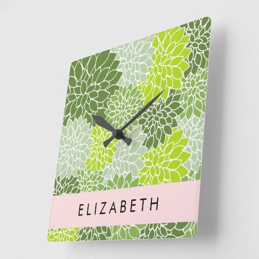緑のダリアの花、花のパターン、あなたの名前 スクエア壁時計 (傾斜)