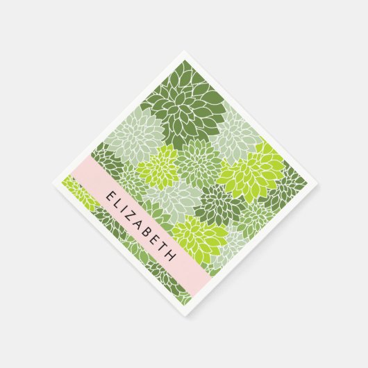 緑のダリアの花、花のパターン、あなたの名前 スタンダードカクテルナプキン (角)