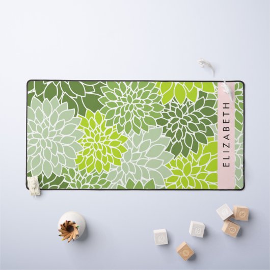 緑のダリアの花、花のパターン、あなたの名前 デスクマット (キッズテーブル)