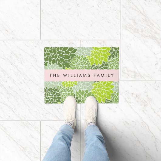 緑のダリアの花、花のパターン、あなたの名前 ドアマット (室内)