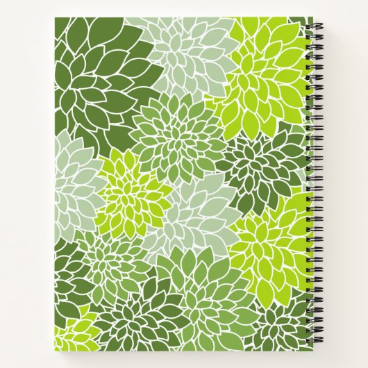 緑のダリアの花、花のパターン、あなたの名前 ノートブック (裏面)
